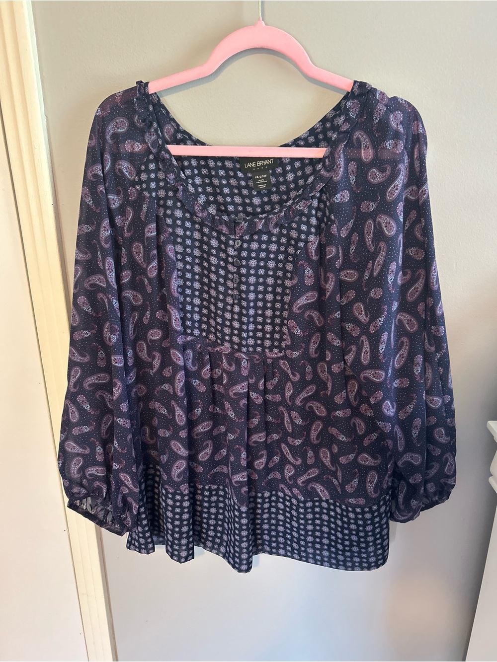 Lane Bryant Navy and Purple Paisley Peasant Top